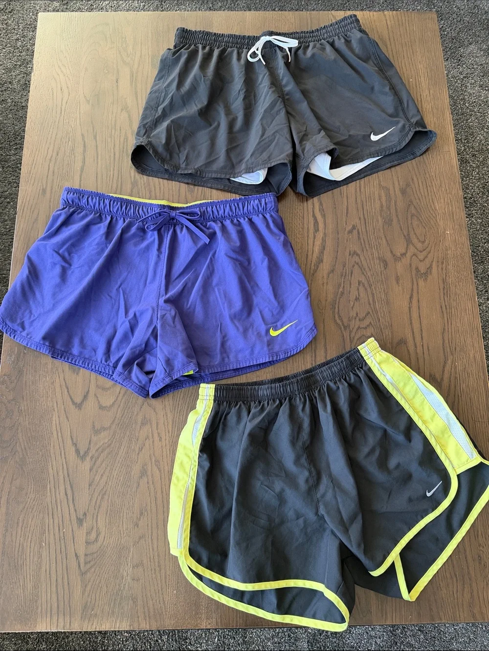 Nike Women's Athletic Shorts Trio — Black, Purple, Black with Yellow Trim